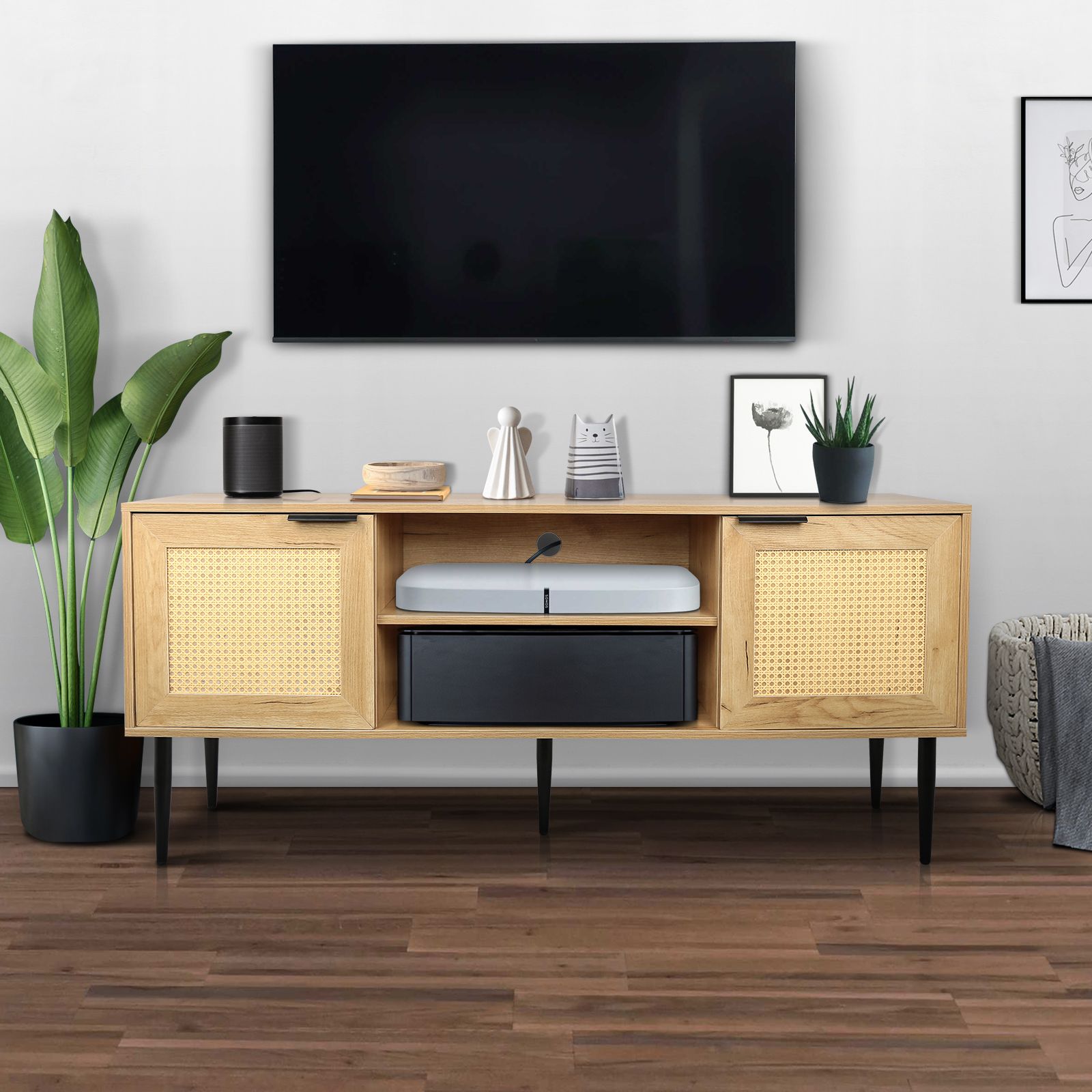 Wooden TV Stand for TVs up to 65 Inches,with 2 Rattan Decorated Doors and 2 Open Shelves,Living Room TV Console Table Wooden Entertainment Unit, Natural Color