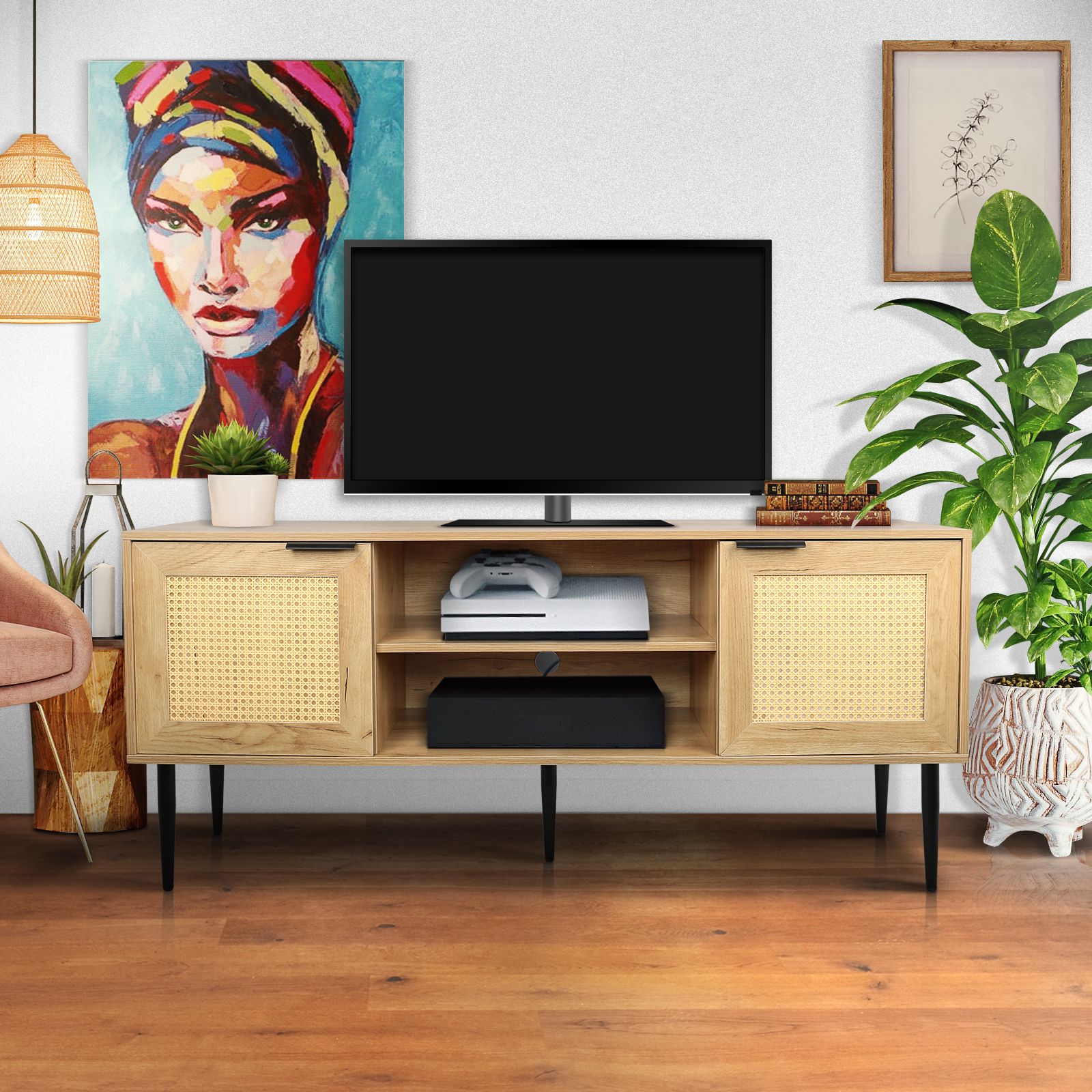 Wooden TV Stand for TVs up to 65 Inches,with 2 Rattan Decorated Doors and 2 Open Shelves,Living Room TV Console Table Wooden Entertainment Unit, Natural Color