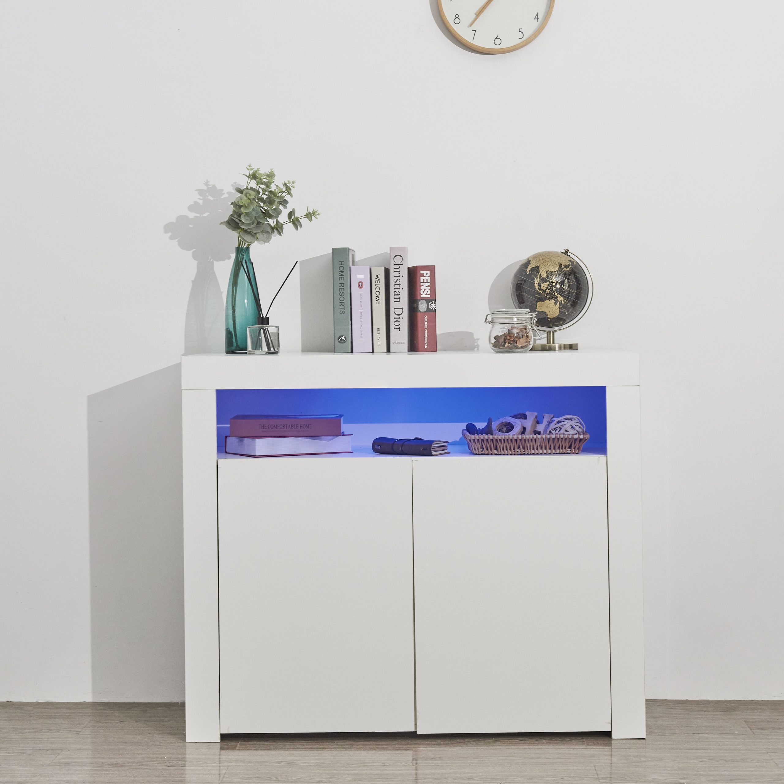 Living Room Sideboard Storage Cabinet White High Gloss with LED Light; Modern Kitchen Unit Cupboard Buffet Wooden Storage Display Cabinet TV Stand with 2 Doors for Hallway Dining Room