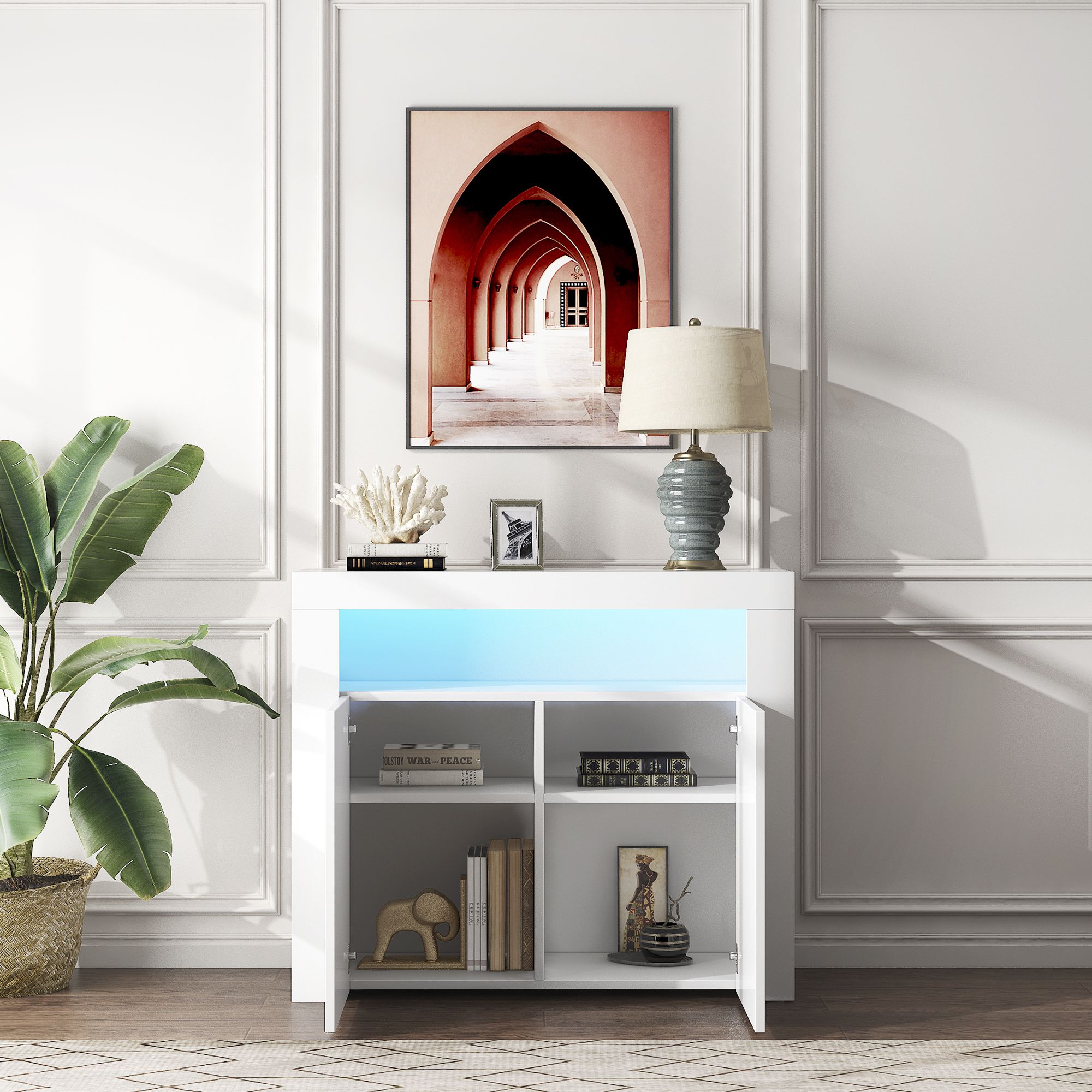 Living Room Sideboard Storage Cabinet White High Gloss with LED Light; Modern Kitchen Unit Cupboard Buffet Wooden Storage Display Cabinet TV Stand with 2 Doors for Hallway Dining Room