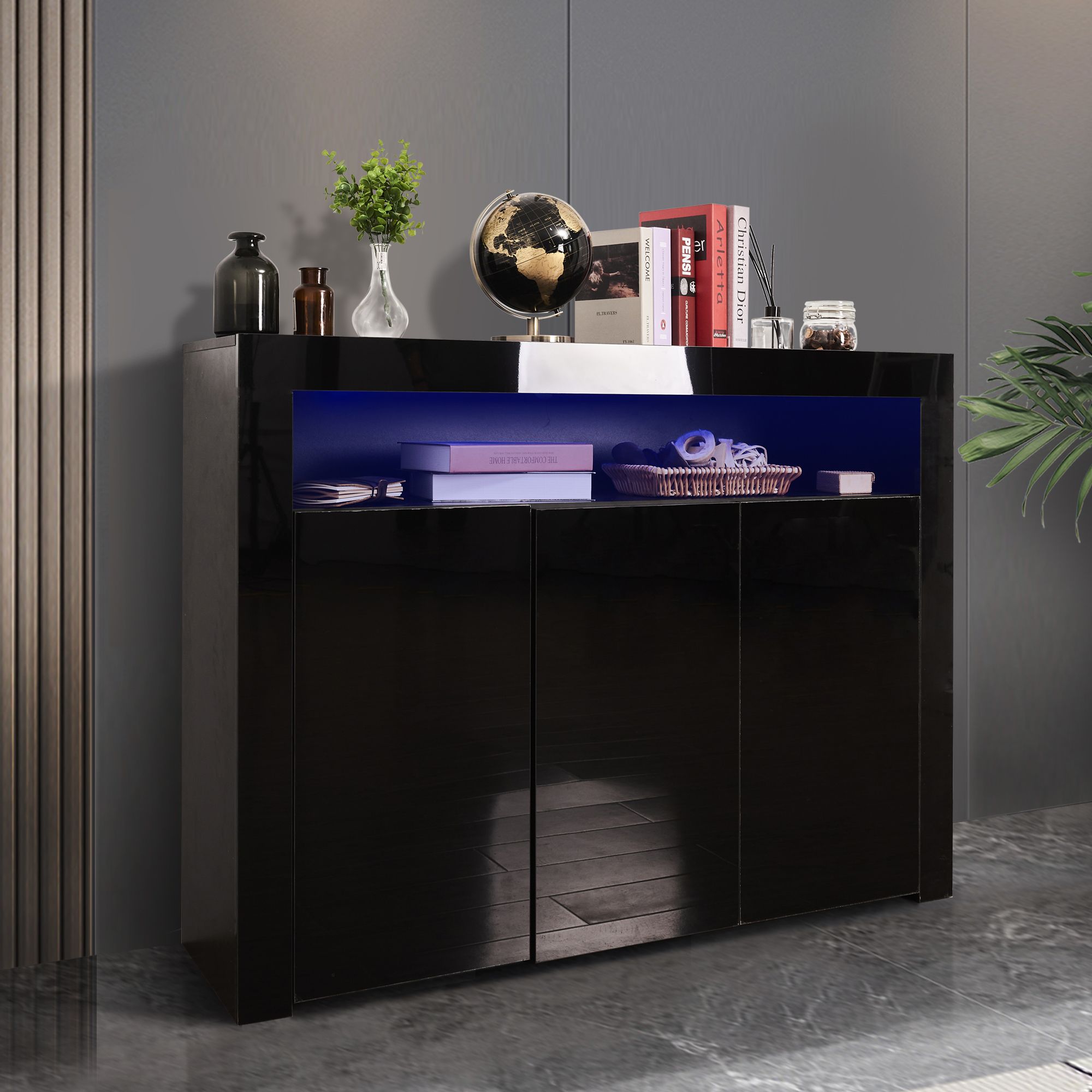 Living Room Sideboard Storage Cabinet Black High Gloss with LED Light; Modern Kitchen Unit Cupboard Buffet Wooden Storage Display Cabinet TV Stand with 3 Doors for Hallway Dining Room