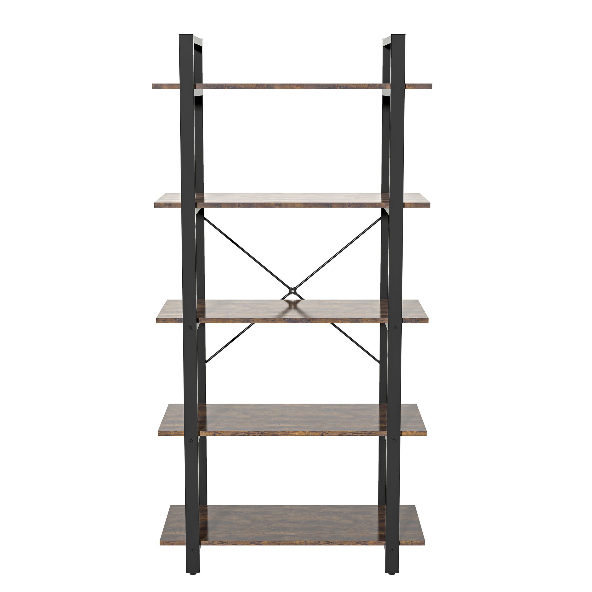 5 Tier Rustic Brown Shelf Wood and Metal Bookcase Vintage Industrial Bookshelf