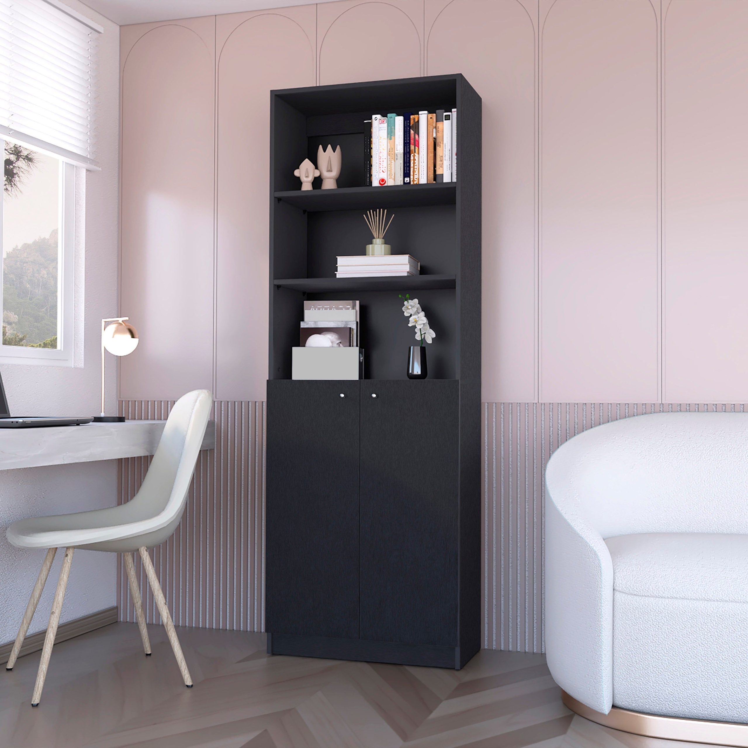 Sutton 2-Door Bookcase, Storage with Multi-Level Shelves and Double Door Design