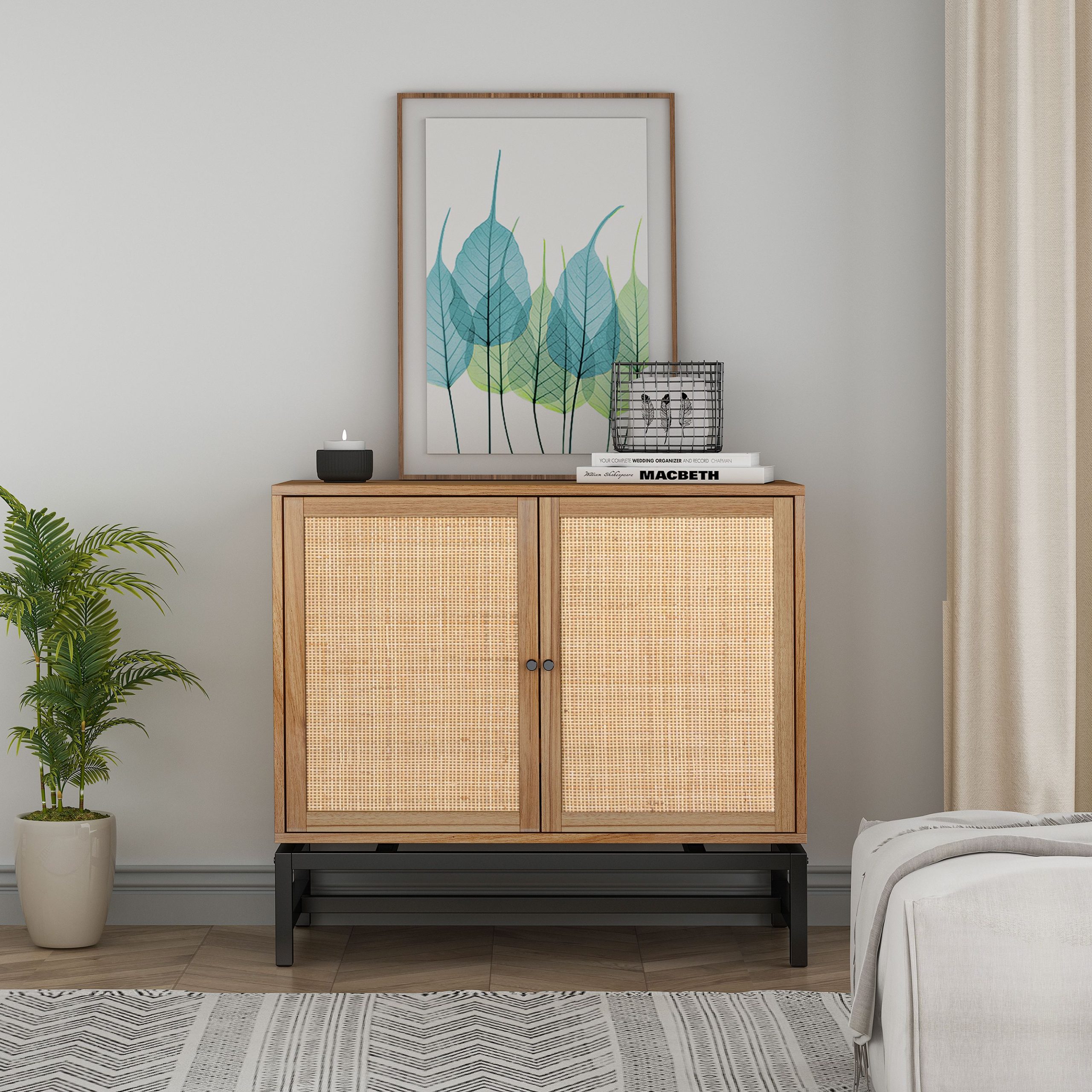 Natural Rattan 2-Door Accent Storage Cabinet with Adjustable Shelf and Painted Iron Feet