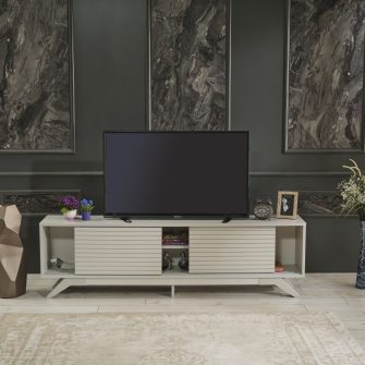 FurnisHome Store Luxia Mid Century Modern Tv Stand 2 Sliding Door Cabinet 2 Shelves 67 inch Tv Unit, Grey