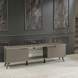 FurnisHome Store Denver Mid Century Modern Tv Stand 2 Door Cabinets 1 Glass Shelf 66 inch Tv Unit, Brown