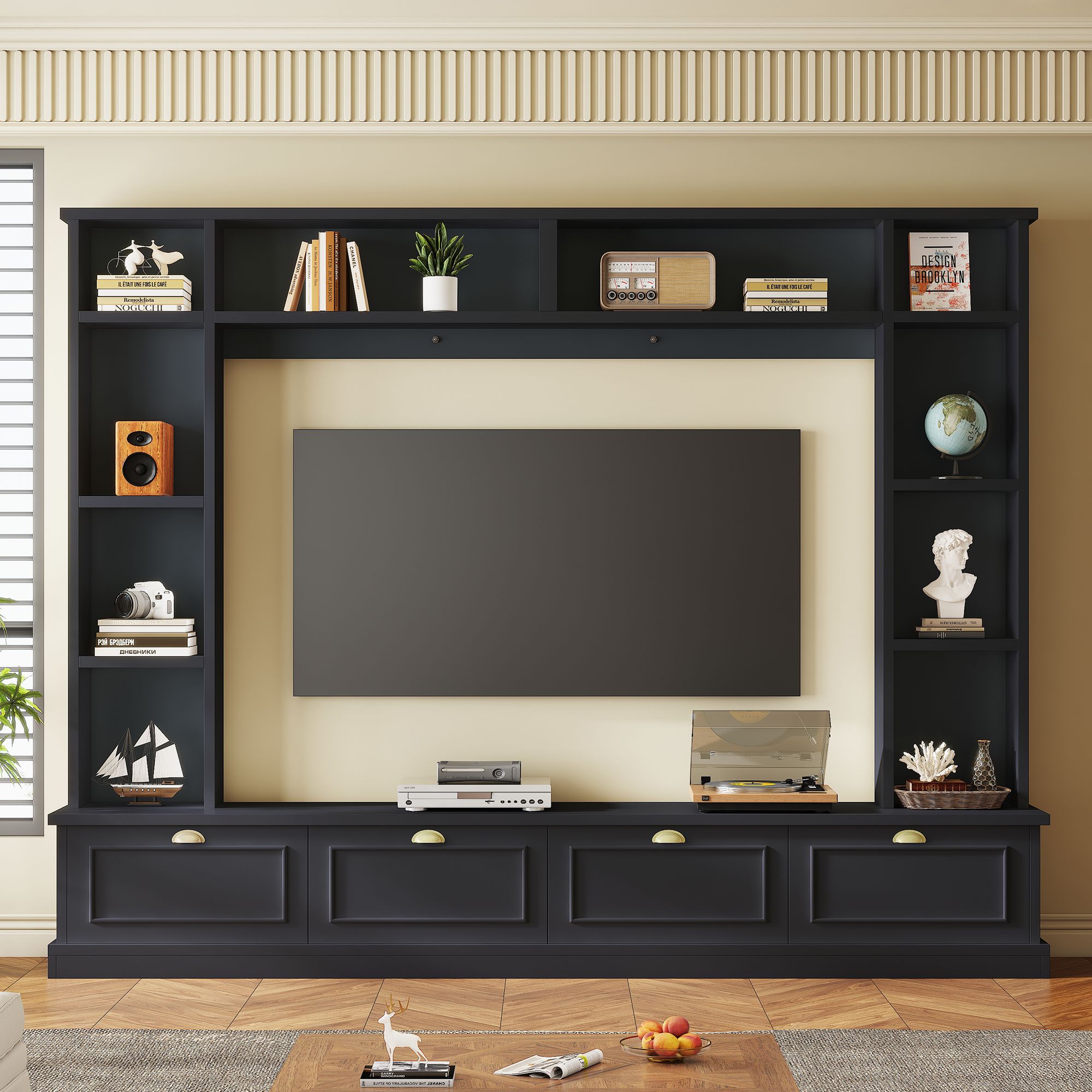 ON-TREND Large Wall Unit Entertainment Center with Bookshelves for TVs Up to 78'', Modern TV Console with Cabinets and Open Shelves, 4-in-1 TV Stand with Golden Handles, Black, 104.2''W*81.2''H