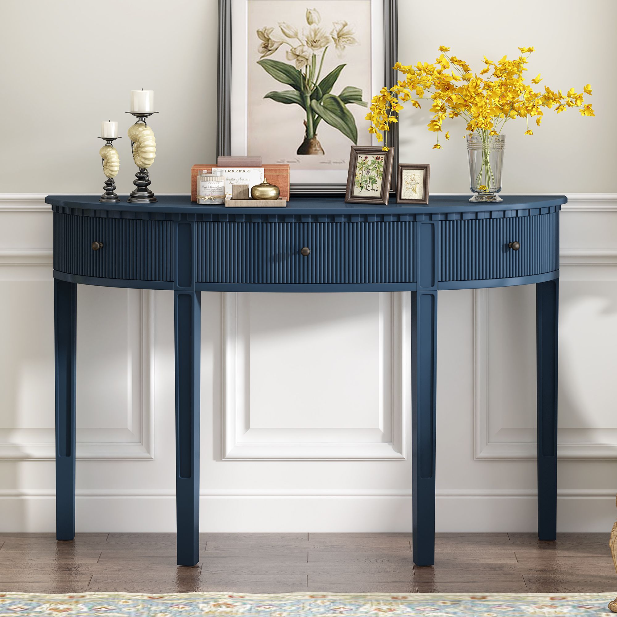 Distinctive Features of Pine Veneer Console Table with Vertical Stripe Drawer Fronts and Four Legs