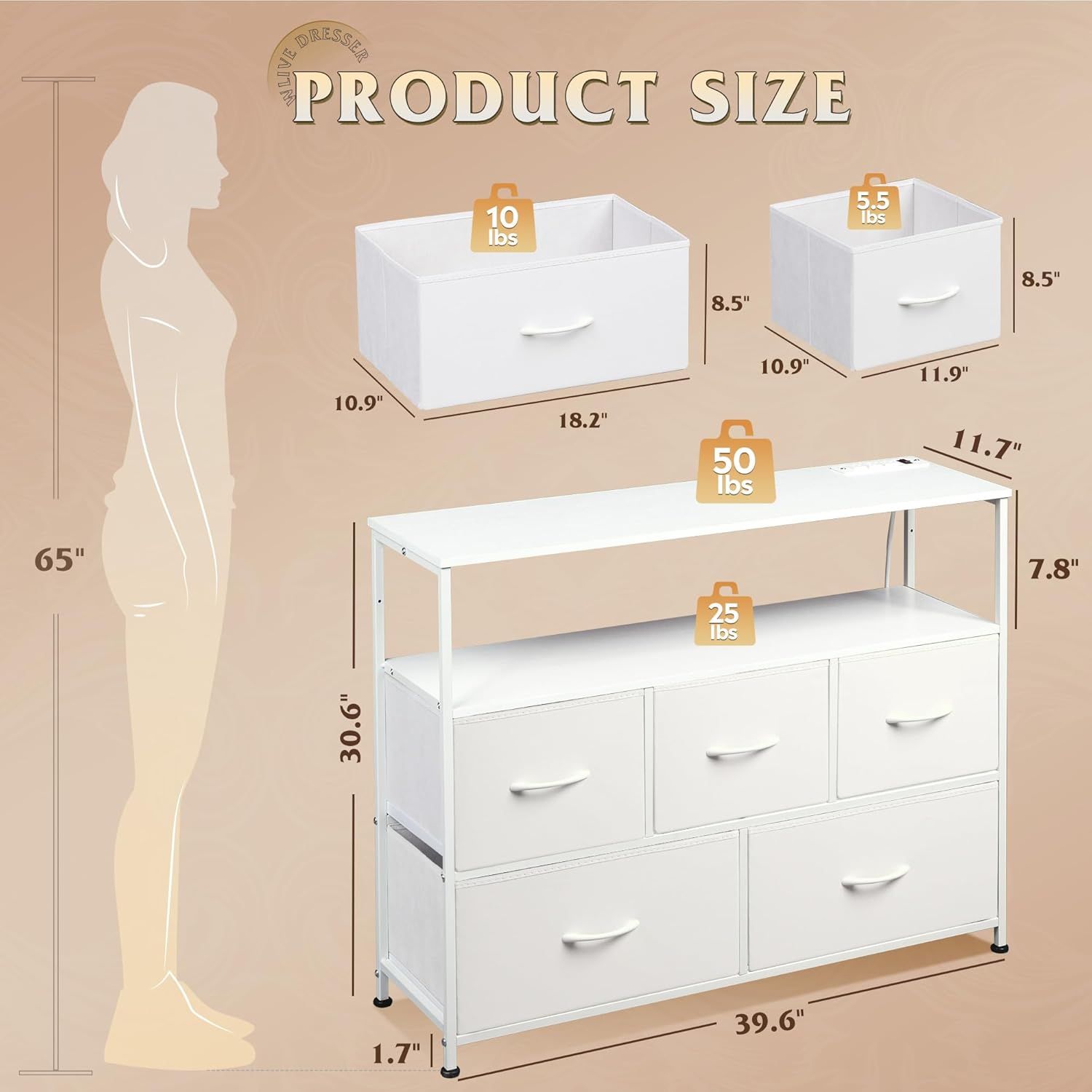 Coloured bedroom dresser with 5 fabric drawers, entertainment center with open shelves and 45" TV power outlets, vanity TV cabinet with closet storage, hallway, university dorm