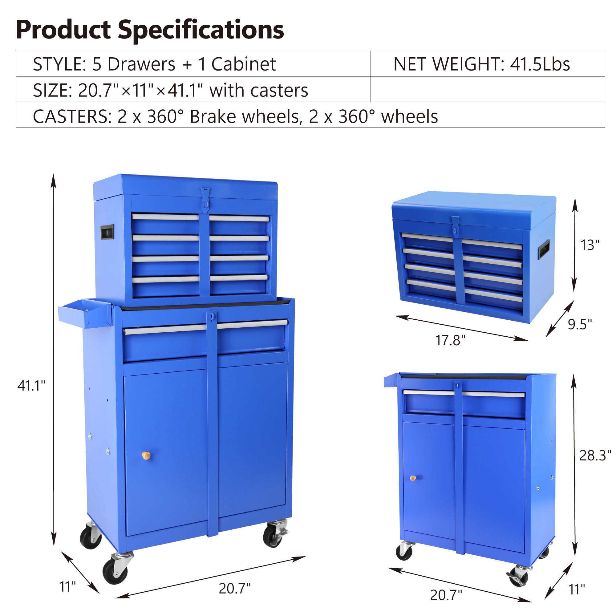 5-Drawer Rolling Tool Chest, High Capacity Tool Storage Cabinet W/Lockable Wheels, Adjustable Shelf & Anti-Slip Liner, Detachable Tool Box Organizer, Rolling Tool Cabinet