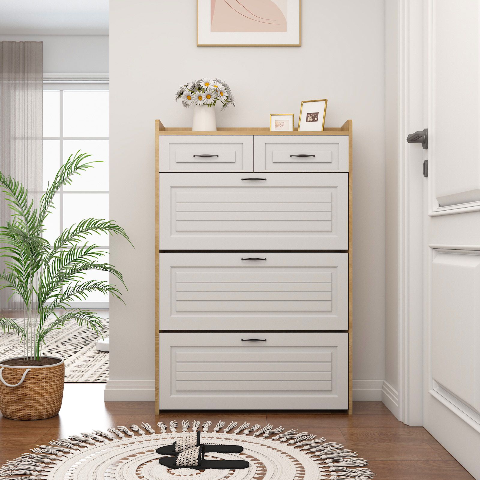 1250 White +Oak Color shoe cabinet with 3 doors 2 drawers,PVC door with shape ,large space for storage