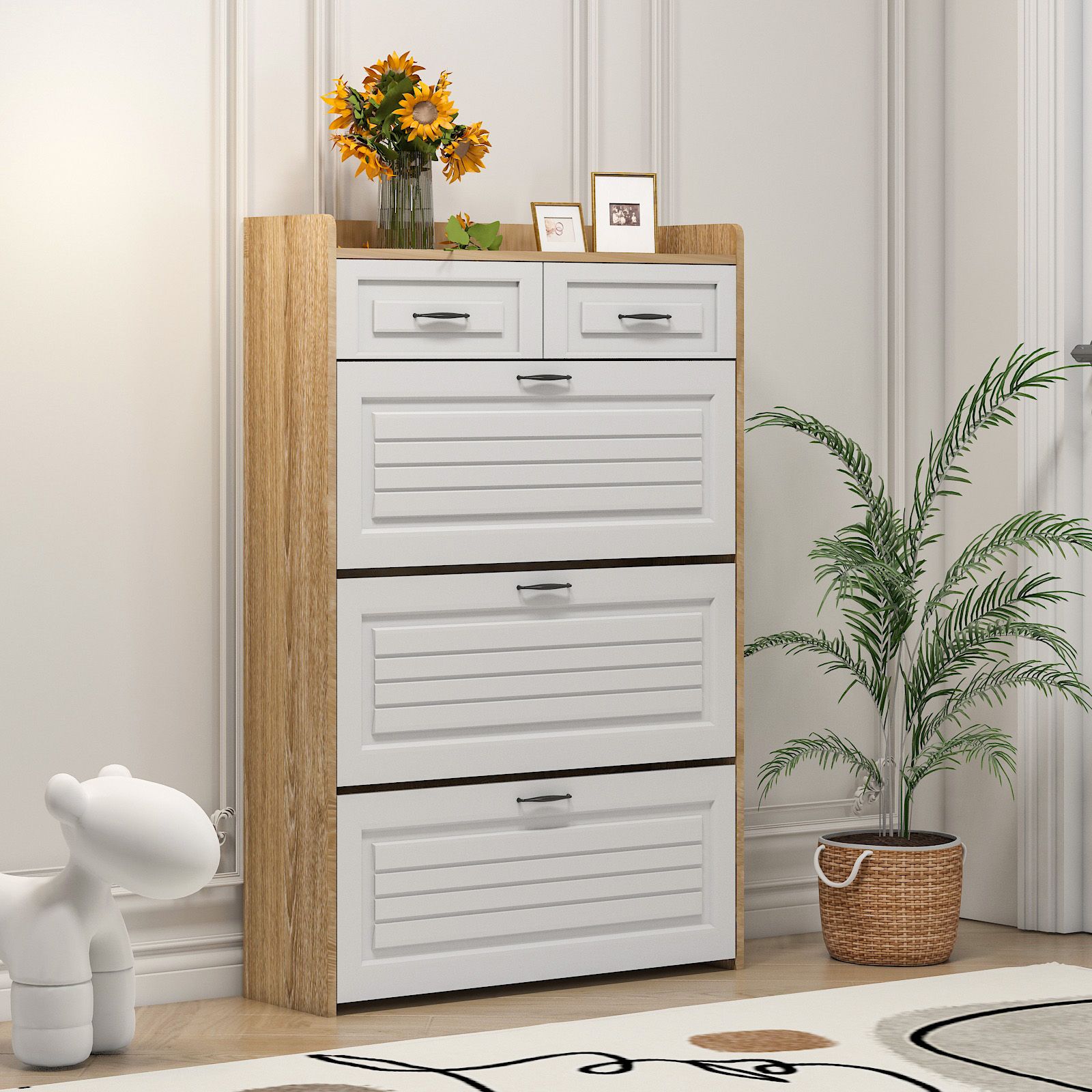 1250 White +Oak Color shoe cabinet with 3 doors 2 drawers,PVC door with shape ,large space for storage